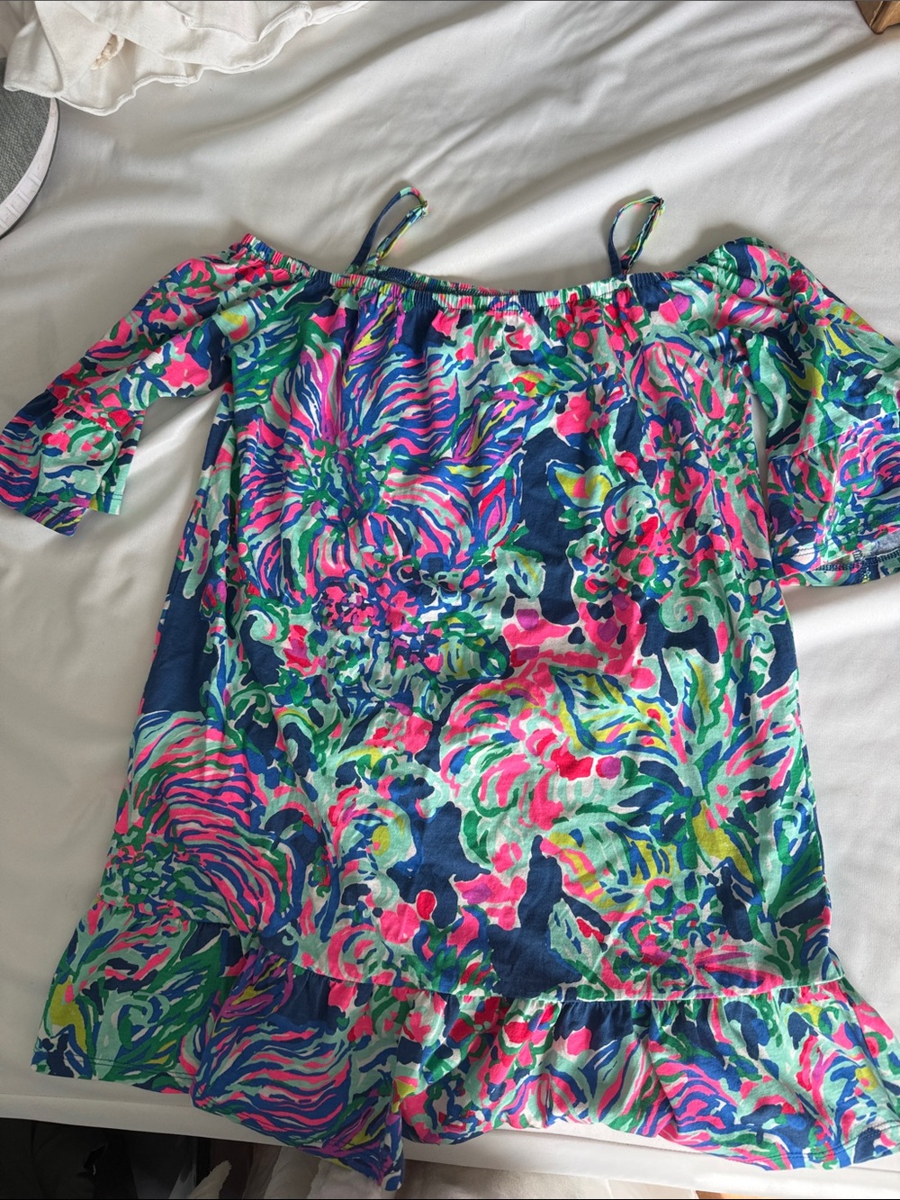Lilly Pulitzer Girls Off-Shoulder Dress in Navy, Pink, Green